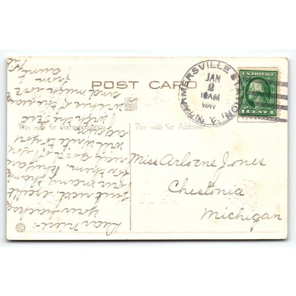 Vintage 1911 Joyous New Year Lithograph Postcard Winter Scene - Picture 2 of 2